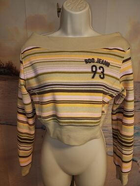 BDG Striped Off-Shoulder Cropped Sweatshirt in Pink, Olive & Yellow